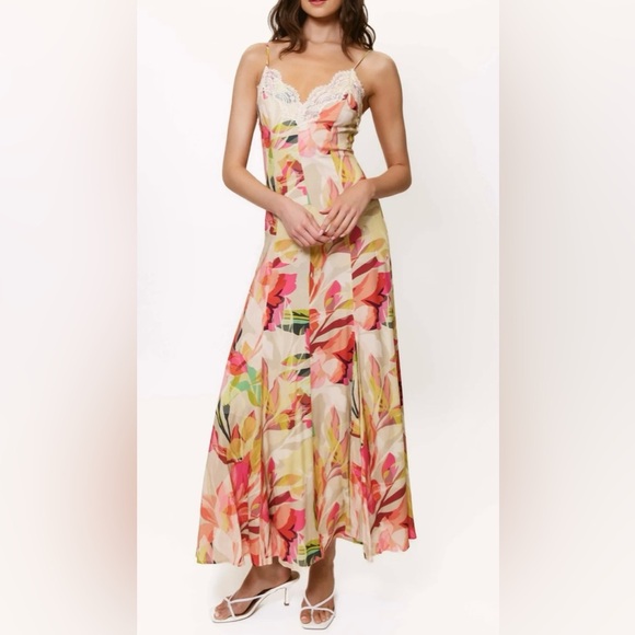 NEW Hutch Baldwin Linen Maxi Dress Sz M Taupe Tropical Floral Lace Trim - Picture 1 of 12